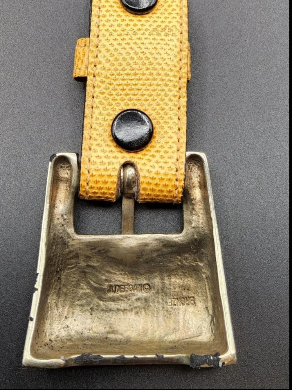 Vintage Jeff Deegan Designs Yellow/Gold Lizard Skin Belt With Removable Bronze